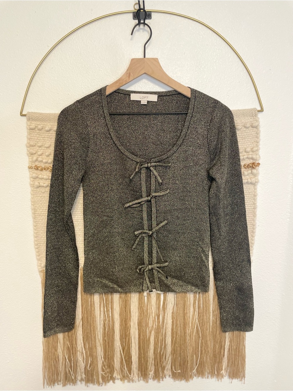 LOFT Metallic Gold Black Tie-Front Sweater S